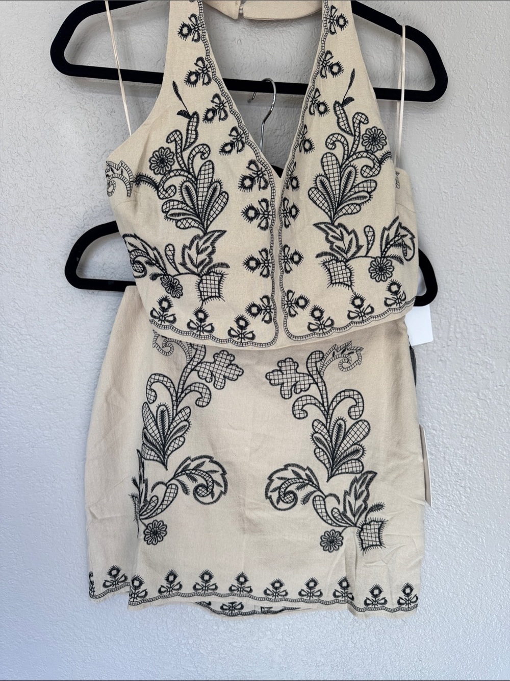 Milk & Honey Cream Two-Piece Set with Black Floral Embroidery
